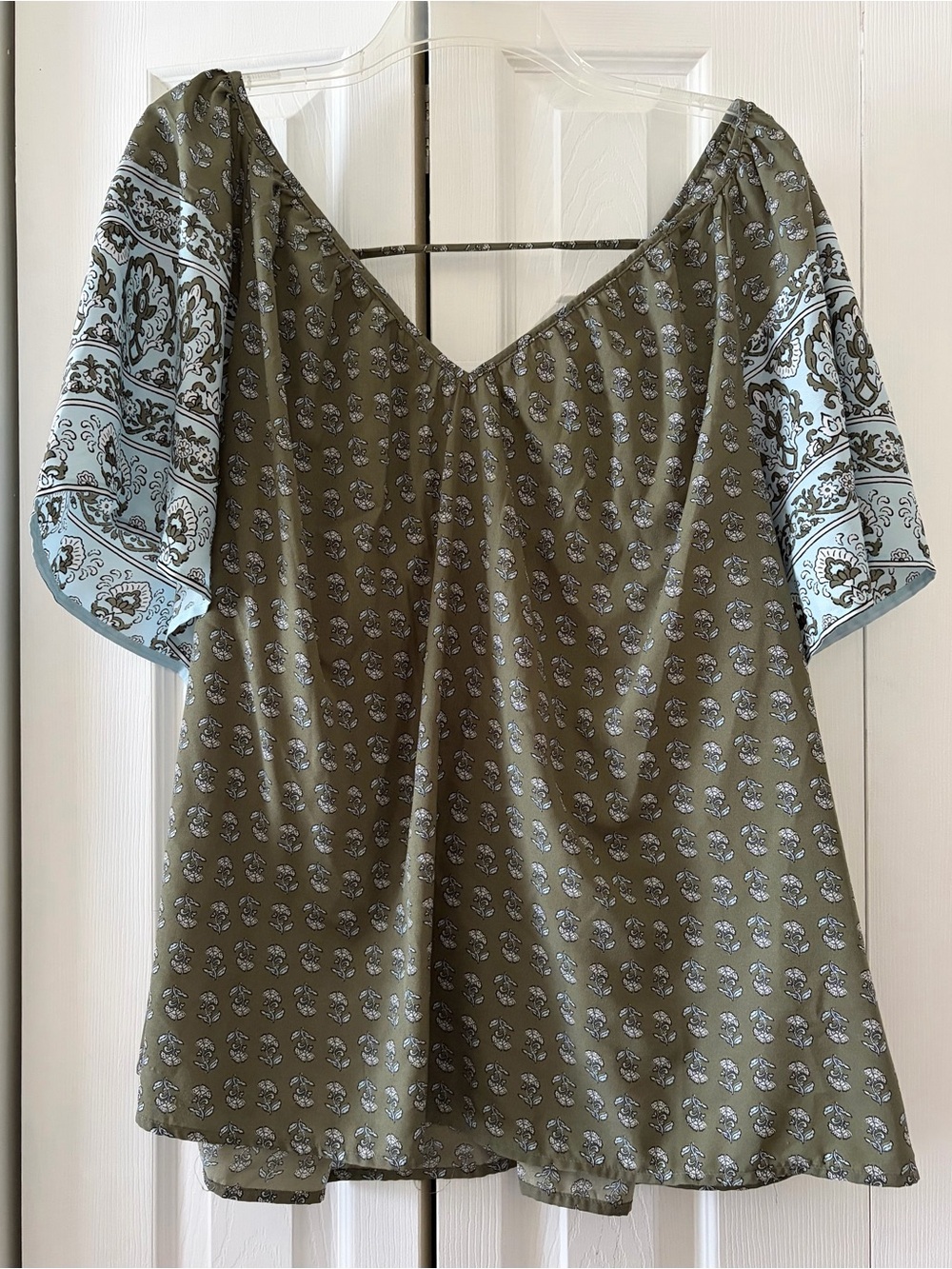 Lane Bryant Olive Green and Light Blue Printed V-Neck Blouse